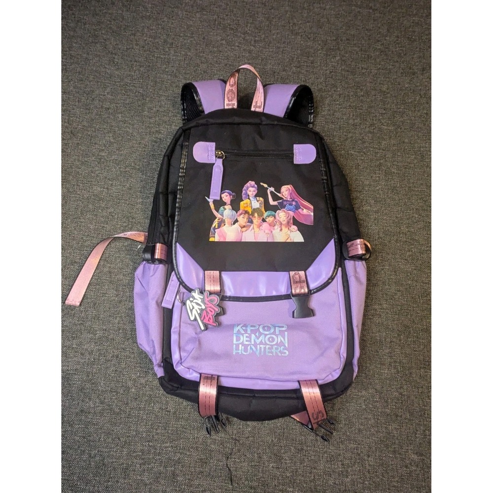 K Pop Demon Hunters School Book Bag Backpack Purple Anime Adjustable Straps